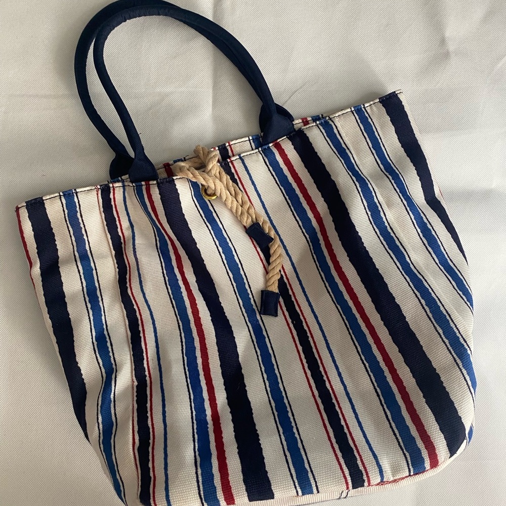 Striped Canvas Tote Bag - Navy, Red, and White